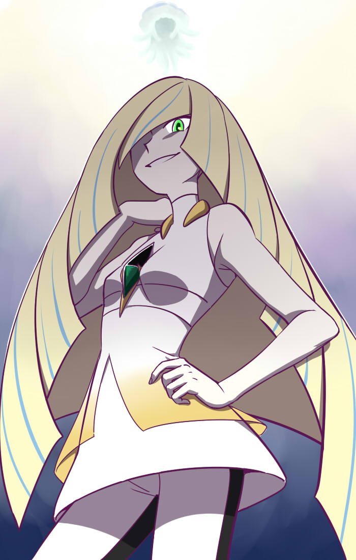 1girl, bare_arms, bare_shoulders, blonde_hair, dress, gooberman_(kdk5011), green_eyes, hair_over_one_eye, long_hair, looking_at_viewer, lusamine_(pokemon), nihilego, pokemon, pokemon_(game), pokemon_sm, sleeveless, sleeveless_dress, smile, solo, very_long_hair