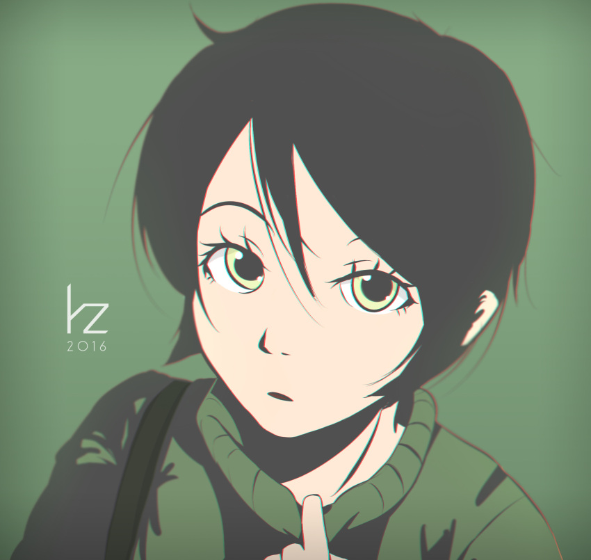 1girl, bag, black_hair, green_background, green_eyes, highres, kyokaz, looking_at_viewer