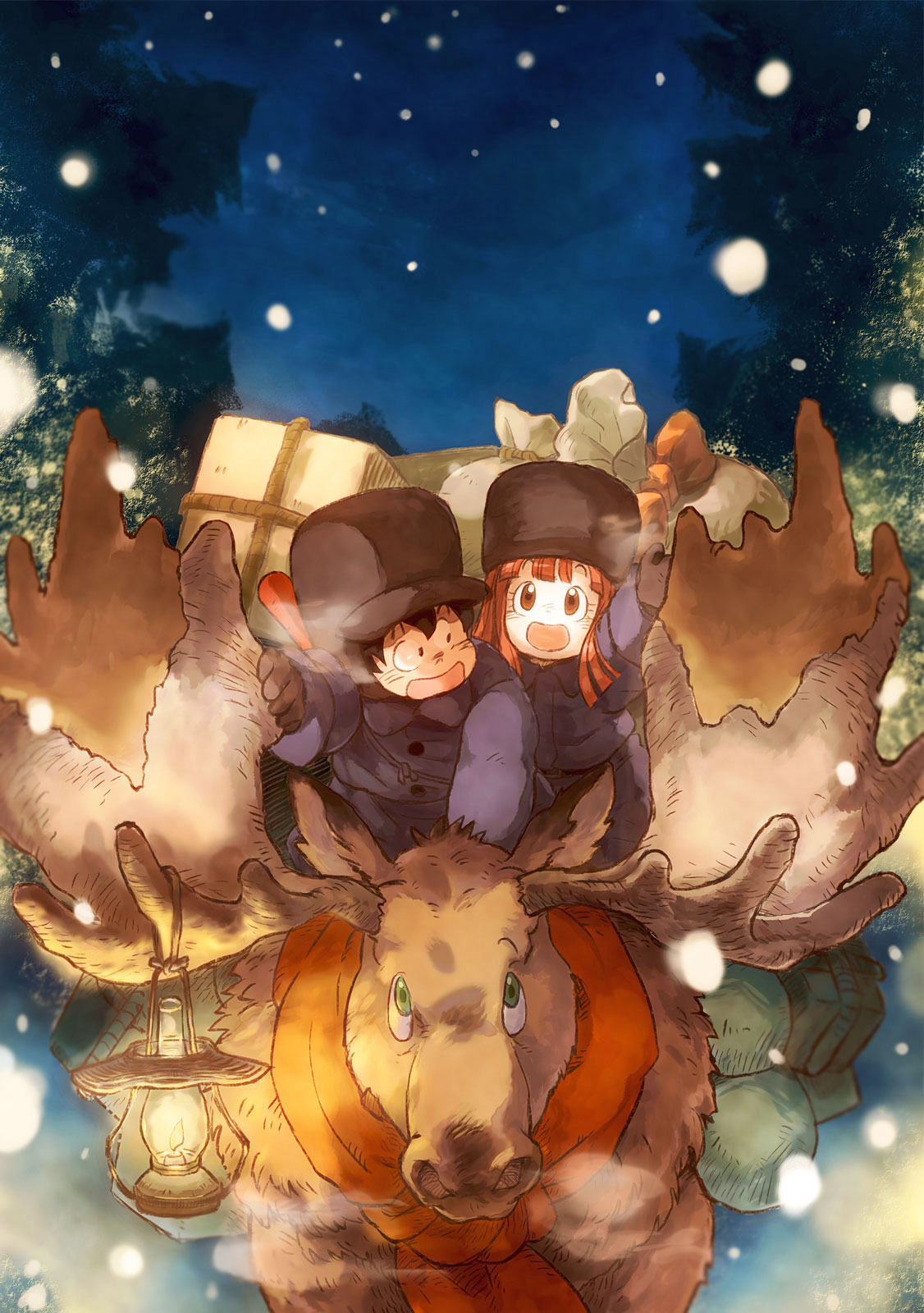 1boy, 1girl, antlers, black_hair, box, breath, brown_eyes, coat