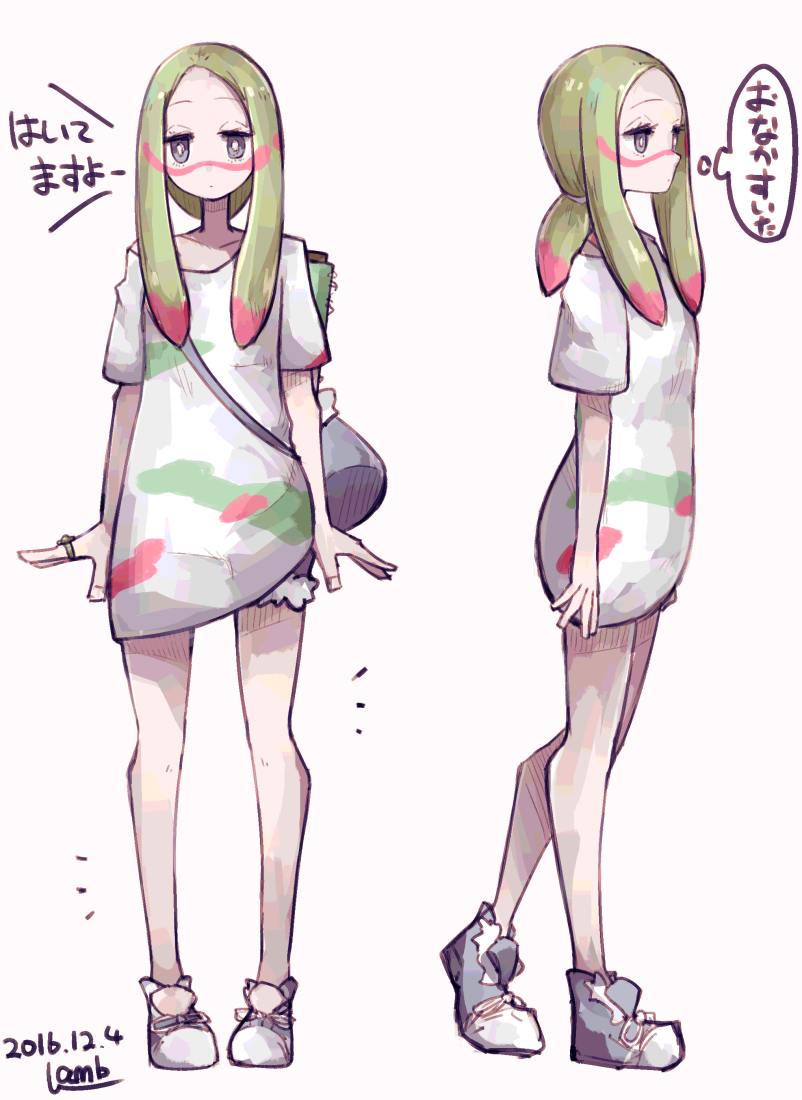 1girl, 2016, arms_at_sides, artist_name, bag, blue_eyes, closed_mouth, collarbone, dated, dress, expressionless, facial_mark, female, forehead, full_body, green_hair, jewelry, lamb-oic029, long_hair, matsurika_(pokemon), multicolored_hair, multiple_views, notebook, off_shoulder, oversized_clothes, paint, paint_on_clothes, paint_on_face, paint_stains, pink_hair, pokemon, pokemon_(game), pokemon_sm, ponytail, ring, shoes, short_shorts, shorts, shoulder_bag, signature, simple_background, sketchbook, sneakers, standing, translated, violet_eyes, white_background