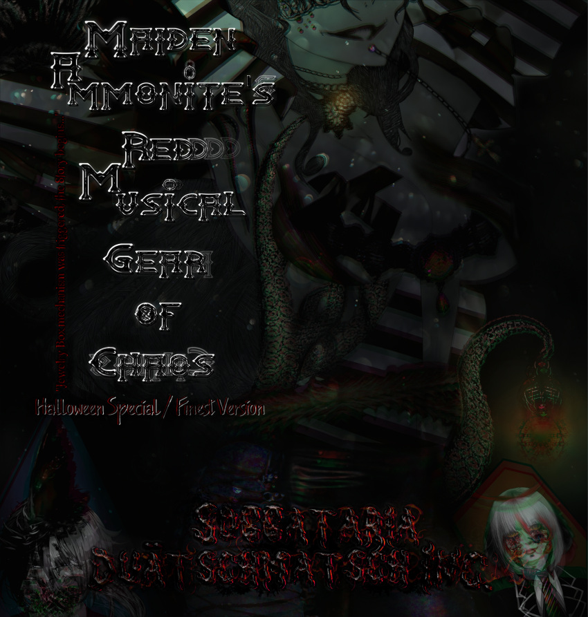 1boy, 2girls, album_cover, alternate_color, alternate_costume, anaglyph, arms_behind_head, black_hair