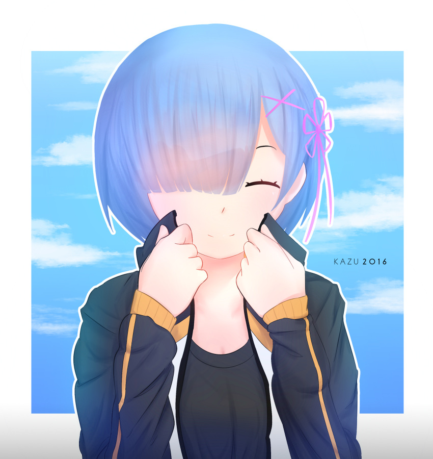 1girl, absurdres, black_shirt, blue_hair, blush, breasts, cleavage, closed_eyes