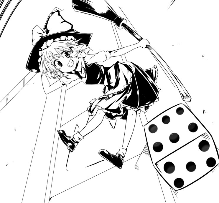1girl, dice, female, kiku_hitomoji, kirisame_marisa, monochrome, solo, tora_tooru