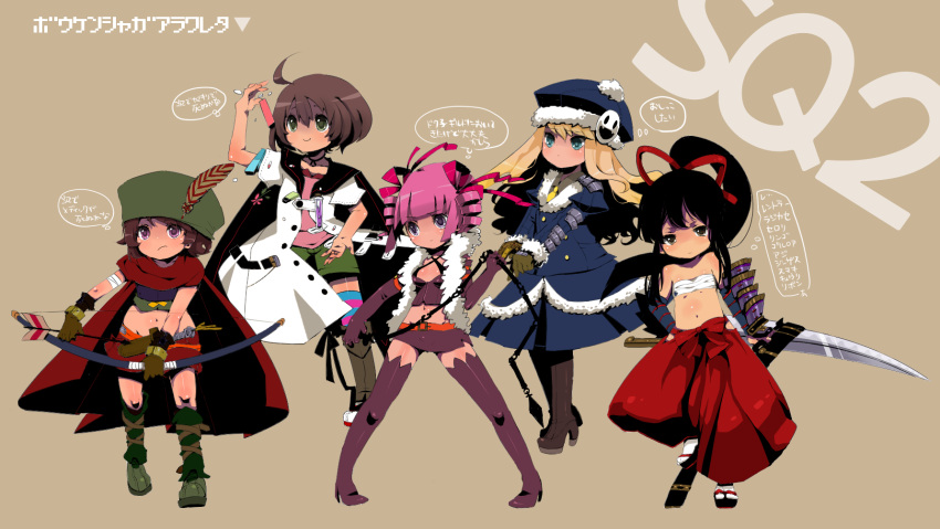 5girls, ahoge, armor, atlus, bandage, bangs, bare_shoulders, belt
