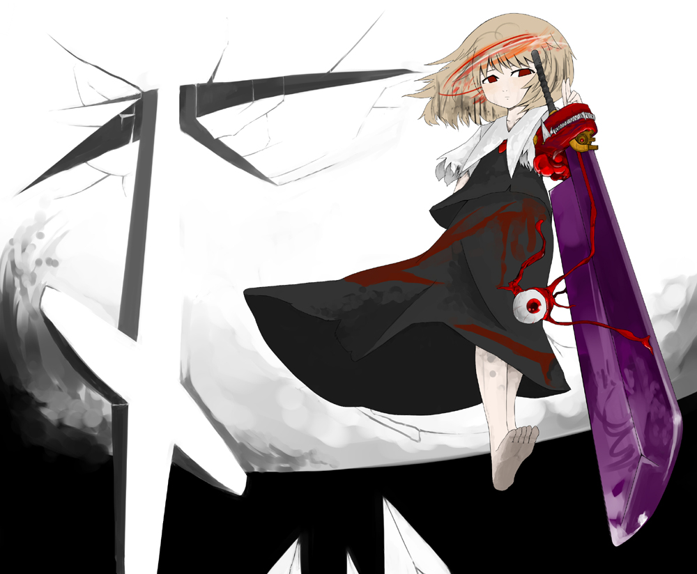 1girl, bad_id, barefoot, blonde_hair, cross, ex-rumia, eyeball, feet