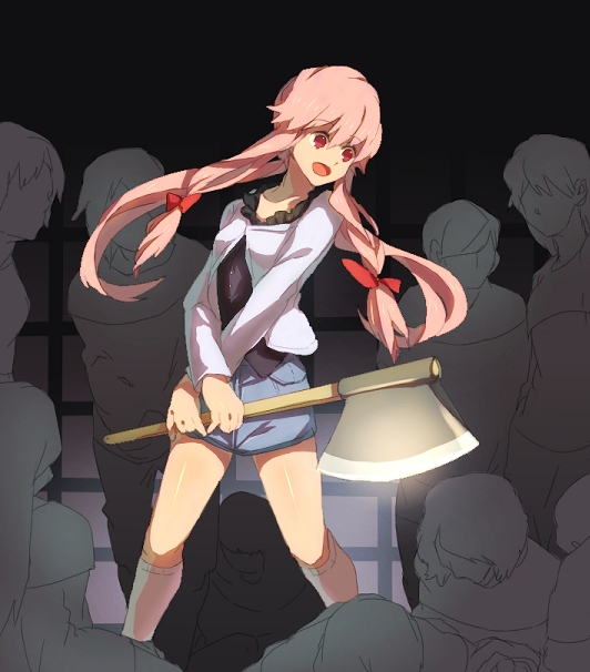 1girl, ai_mizu, axe, bad_id, emi, emi_(emi43), gasai_yuno, mirai_nikki, solo, weapon