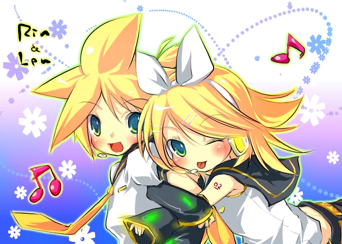 1boy, 1girl, ;p, bad_id, beamed_quavers, blonde_hair, blue_eyes, bow, brother_and_sister, character_name, hair_bow, hair_ornament, headset, kagamine_len, kagamine_rin, musical_note, necktie, one_eye_closed, open_mouth, quaver, sakuraebi, sakurano_miya, short_hair, siblings, tongue, tongue_out, twins, vocaloid, yellow_necktie