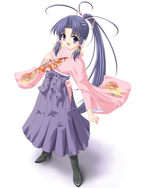 00s, 1girl, bangs, boots, fan, folding_fan, foreshortening, hakama