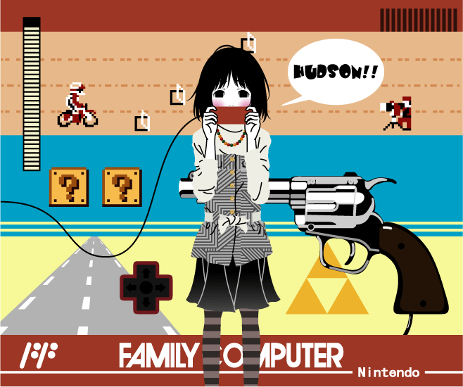 1girl, ?_block, bad_id, black_eyes, black_hair, excitebike, famicom, game_console