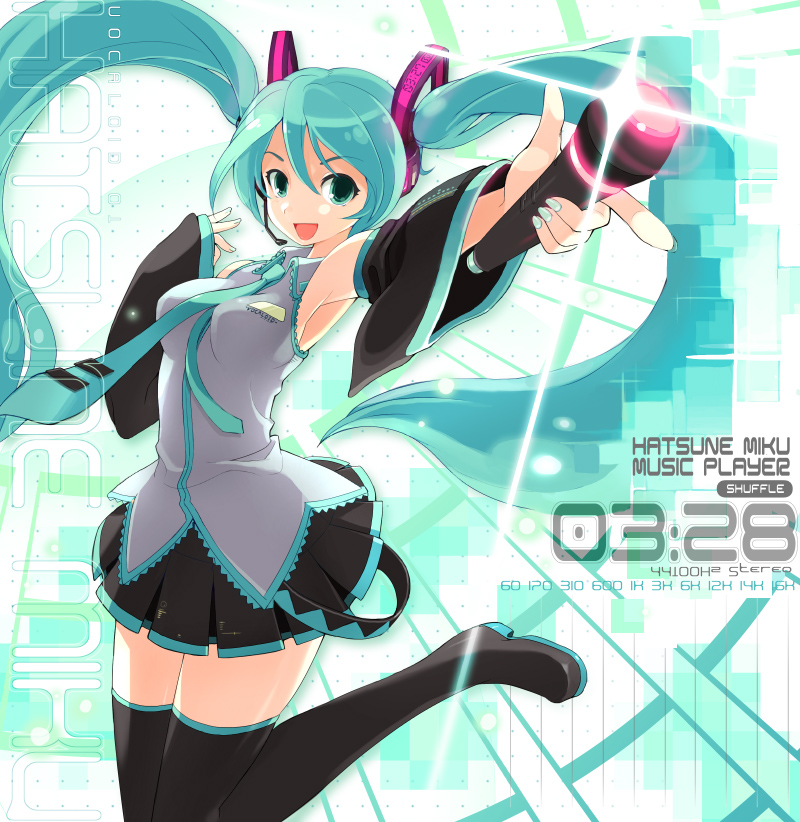 1girl, aqua_eyes, aqua_hair, armcho, black_legwear, detached_sleeves, hatsune_miku, long_hair, microphone, neck, necktie, open_mouth, pleated_skirt, skirt, solo, thigh-highs, twintails, very_long_hair, vocal, vocaloid