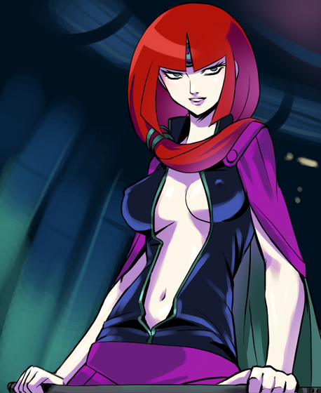 1girl, 70s, bangs, blunt_bangs, breasts, cleavage, erect_nipples, haruyama_kazunori, koros, large_breasts, lips, long_hair, muteki_koujin_daitarn_3, navel, oldschool, pale_skin, parted_lips, redhead, solo