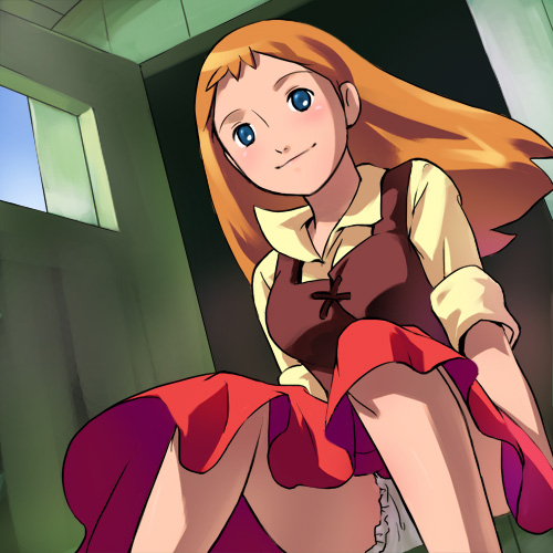 1girl, 70s, blue_eyes, breasts, dress, dutch_angle, haruyama_kazunori, large_breasts