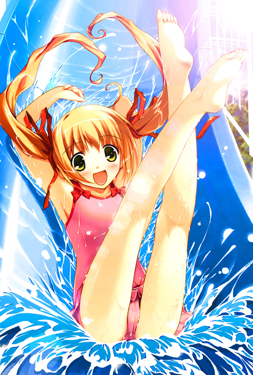 absurdres, barefoot, blonde_hair, feet, fixme, highres, jpeg_artifacts, one-piece_swimsuit