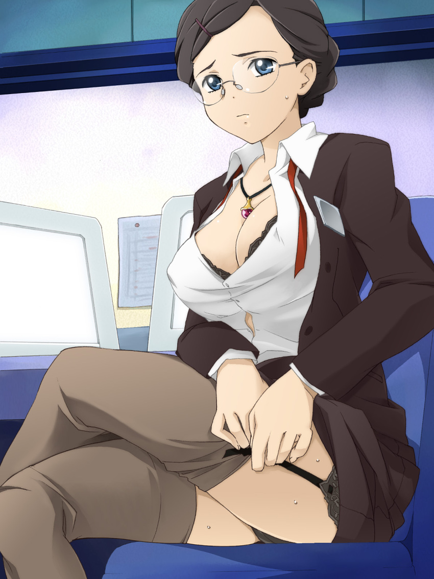 1girl, black_hair, black_panties, blue_eyes, bra, breasts, business_suit, chair