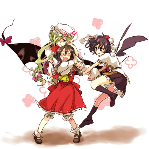 annoyed, gap, hakurei_reimu, hat, japanese_clothes, lowres, miko, multiple_girls