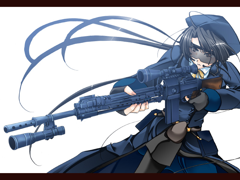 1girl, bad_id, gun, hat, headset, marksman, original, rifle