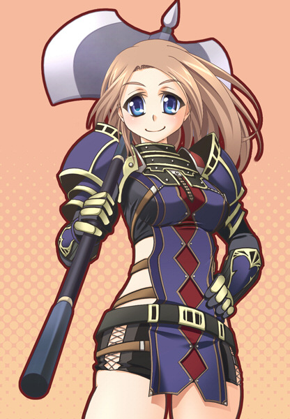 1girl, armor, axe, blue_eyes, brown_hair, double_bladed_axe, final_fantasy, final_fantasy_xi