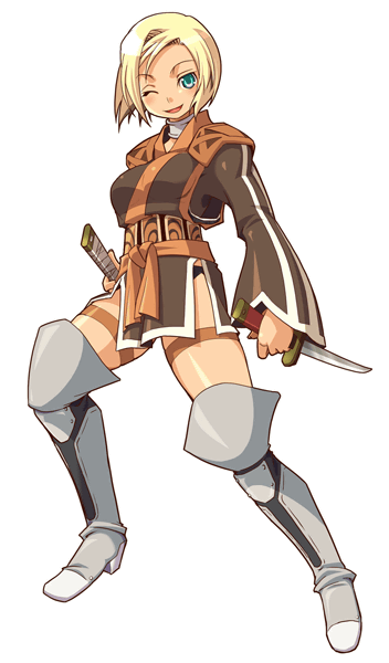 1girl, blonde_hair, dual_wielding, final_fantasy, final_fantasy_xi, hume, katana, katy_(artist)