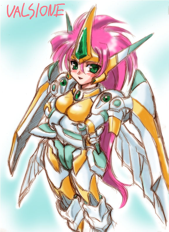 1girl, armor, banpresto, blush, breasts, crossed_arms, green_eyes, long_hair