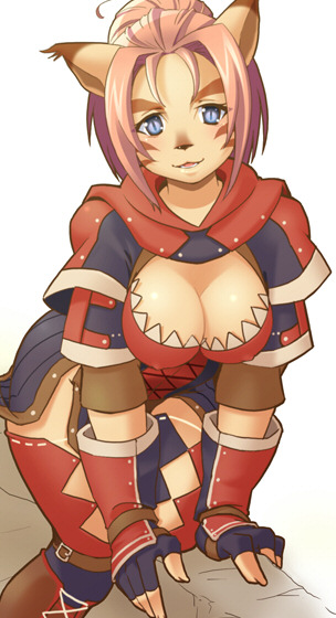 1girl, animal_ears, bent_over, breasts, cleavage, final_fantasy, final_fantasy_xi, katy_(artist), mithra, nanaa_mihgo, solo