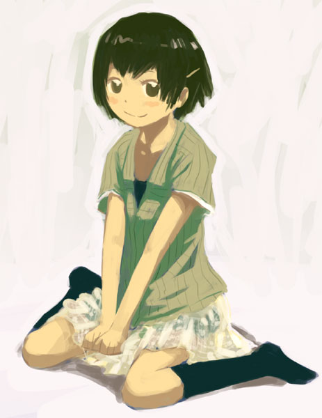 black_hair, footwear, mizu_asato, onnanoko_suwari, short_hair, sitting, smile, socks