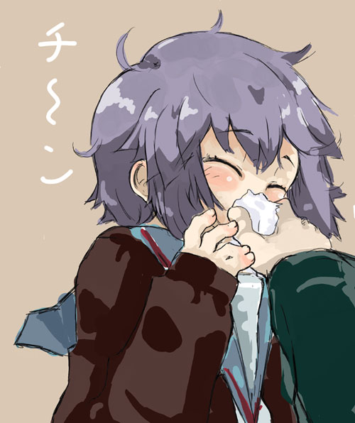 blush, cardigan, closed_eyes, lefty10, messy_hair, nagato_yuki, purple_hair, school_uniform
