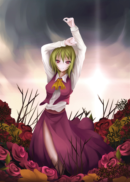 1girl, arms_up, ascot, bad_id, dress_shirt, female, flower, green_hair, kazami_yuuka, long_skirt, red_eyes, red_rose, rose, seiha_(tinnke), shirt, skirt, skirt_set, solo, sun, touhou, vest, youkai