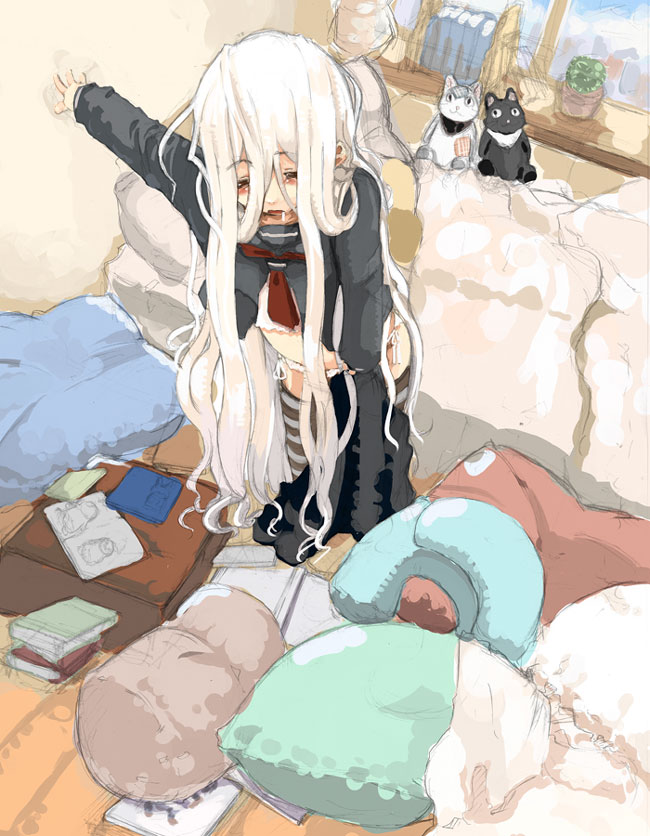 1girl, bad_id, bed, book_stack, cactus, cat, drooling, indoors