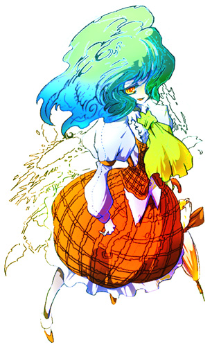 1girl, ascot, bad_id, closed_umbrella, female, green_hair, hair_over_one_eye, kazami_yuuka