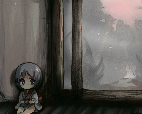 1girl, alone, binchou-tan, binchou-tan_(character), chibi, indoors, kumuiutabito, lonely
