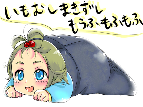 baby, blue_eyes, child, crawling, green_hair, hair_bobbles, hair_ornament, kumuiutabito