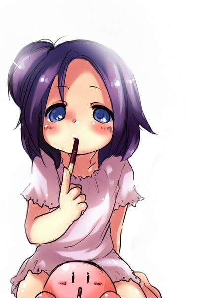 1girl, blue_eyes, blush, child, eating, food, kirby, kirby_(series)