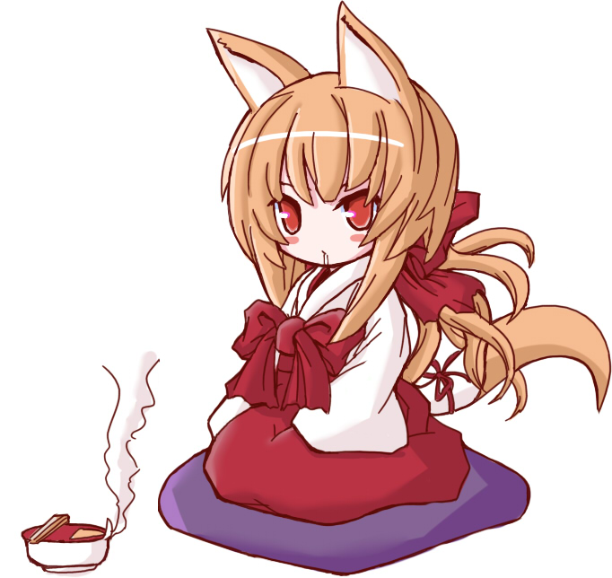 animal_ears, food, fox_ears, japanese_clothes, red_eyes, shio_poteto, tail