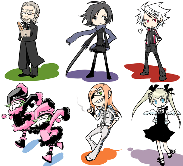 3boys, 4girls, arms_behind_back, arms_up, badou_nails, bag, baguette, beard, belt, black_dress, black_eyes, black_hair, blonde_hair, blue_eyes, blue_scarf, bread, breath, chibi, cigarette, coat, costume, dogs:_bullets_&amp;_carnage, dress, everyone, eyepatch, facial_hair, food, full_body, fur_trim, fuyumine_naoto, glasses, green_eyes, green_hair, grey_hair, grin, groceries, grocery_bag, haine_rammsteiner, hands_in_pockets, holding, holding_sword, holding_weapon, long_hair, long_sleeves, looking_at_viewer, luki, mihai, mihai_mihaeroff, multiple_boys, multiple_girls, nill, noki, nrht, old_man, orange_hair, pantyhose, pom_pom_(clothes), red_eyes, scarf, shopping_bag, silver_hair, simple_background, sleeves_past_wrists, smile, smoke, standing, sword, teeth, very_long_hair, weapon, white_background
