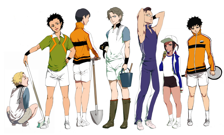 1girl, 6+boys, akutagawa_jirou, atobe_keigo, bad_id, bird, bucket, hat, highres, kirihara_akaya, kite_eishirou, minami_kentarou, miwa_hitomi, multiple_boys, penguin, screencap, shovel, tennis, tennis_no_ouji-sama, worktool, yanagi_renji
