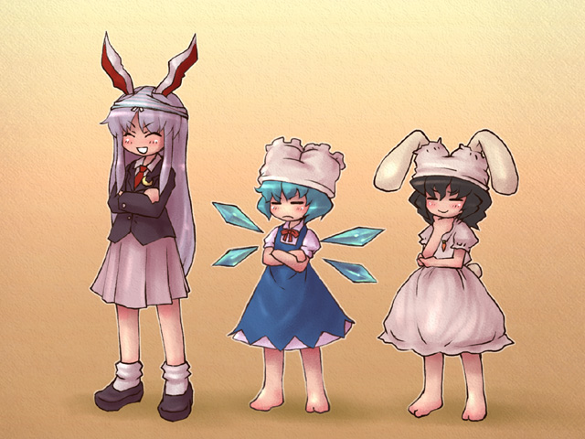 3girls, animal_ears, barefoot, bloomers, bloomers_on_head, cirno, dress, fairy