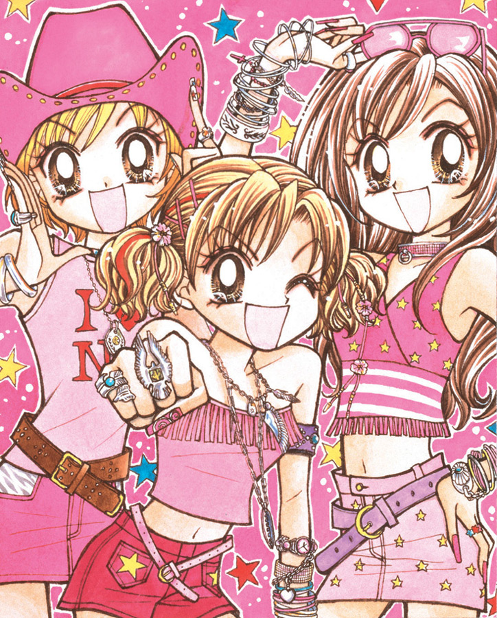 3girls, :d, ;d, arm_up, belt, bird, blonde_hair, bracelet, brown_eyes, brown_hair, choker, clenched_hand, clothes_writing, collar, cowboy_hat, fashion, fingernails, flower, fringe, fujii_mihona, gals!, hair_flower, hair_ornament, hairclip, hand_on_hip, hat, hoshino_aya, jewelry, kogal, kotobuki_ran, light_brown_hair, long_fingernails, long_hair, looking_at_viewer, midriff, miniskirt, multicolored_hair, multiple_girls, nail_art, nail_polish, navel, necklace, one_eye_closed, open_mouth, outline, pink_background, pink_hat, pink_nails, pink_skirt, red_shorts, redhead, ring, scan, short_hair, short_shorts, shorts, skirt, sleeveless, smile, star, star_print, starry_background, strapless, striped, sunglasses, sunglasses_on_head, tubetop, twintails, two-tone_hair, watch, watch, western, yamazaki_miyu