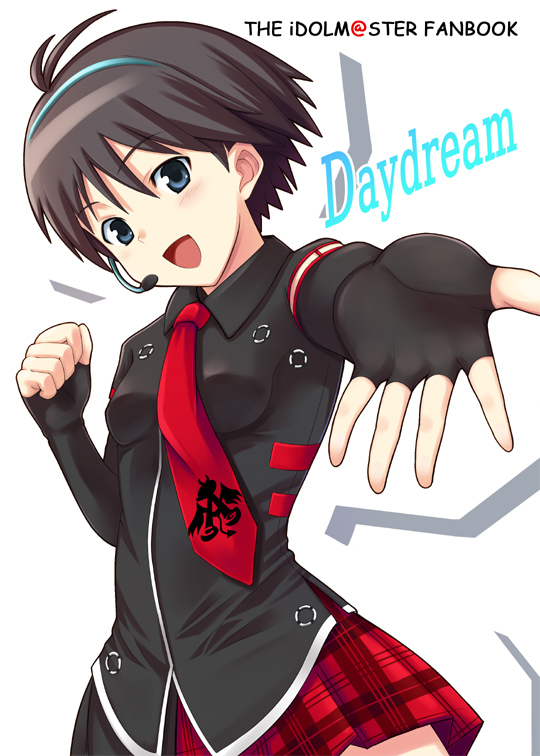 antenna_hair, blue_eyes, brown_hair, fingerless_gloves, foreshortening, gloves, hands, headset