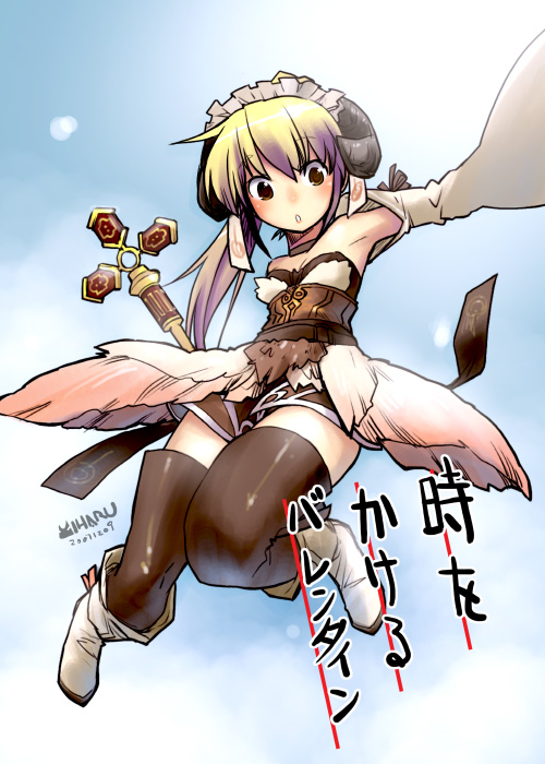 1girl, blonde_hair, boots, choker, corriedale_(fantasy_earth_zero), detached_sleeves, fantasy_earth_zero, floating, horns, ling_(cg_sky), long_hair, maid_headdress, ponytail, scepter, solo, thigh-highs