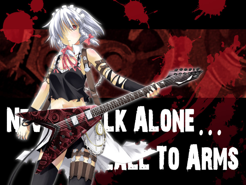 1girl, braid, female, guitar, highres, instrument, izayoi_sakuya, megadeth