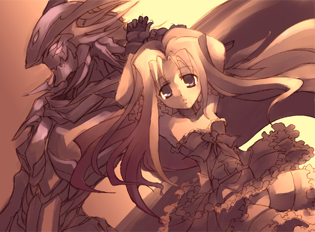 1boy, 1girl, armor, black_dress, blonde_hair, breasts, brown_eyes, cleavage