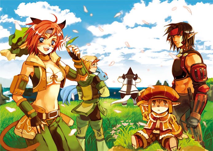2boys, 2girls, androgynous, bard, bard_(final_fantasy), elf, elvaan, feathers
