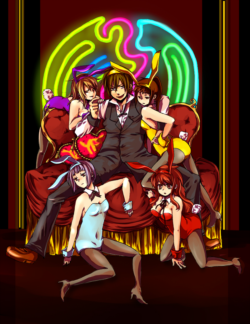 1boy, 4girls, animal_ears, asahina_mikuru, bad_anatomy, bunnysuit, genderswap, genderswap_(ftm)