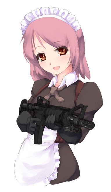 1girl, combat_maid, gun, maid, nekohige, pink_hair, simple_background, solo