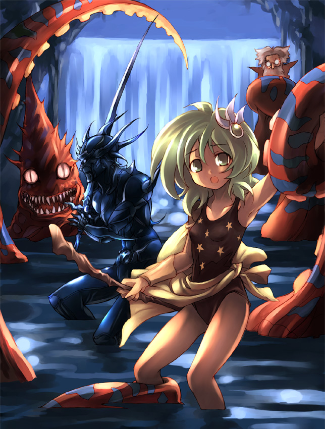 1girl, 2boys, cecil_harvey, child, dark_knight, dark_knight_(final_fantasy), final_fantasy, final_fantasy_iv, green_hair, kouno_hikaru, multiple_boys, octomammoth, octopus, rydia, tella, tentacle, water, waterfall, younger