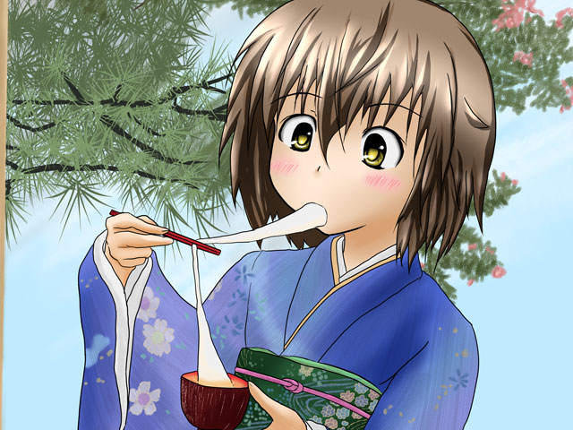 1girl, brown_hair, chopsticks, eating, food, japanese_clothes, kimono, outdoors