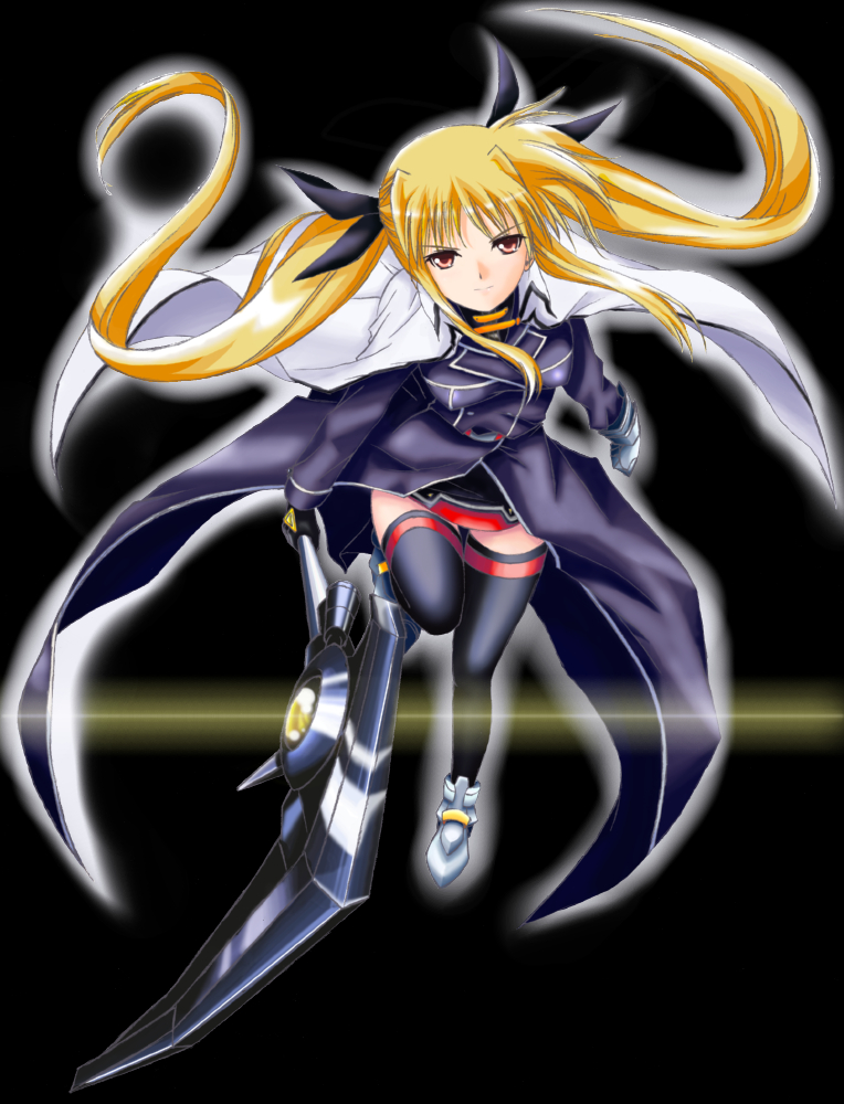 1girl, aoi_(artist), bardiche, black_legwear, blonde_hair, fate_testarossa, hair_ribbon, leg_lift