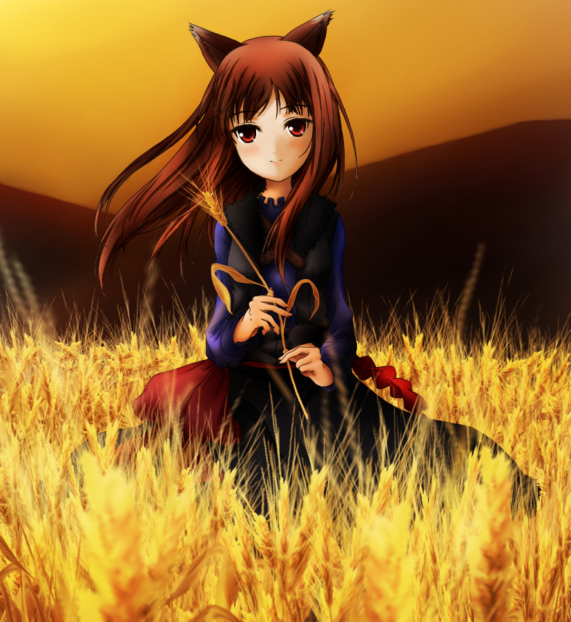animal_ears, aoi_(artist), brown_hair, holo, spice_and_wolf, wheat, wolf_ears, yorimichi_(aoixx)