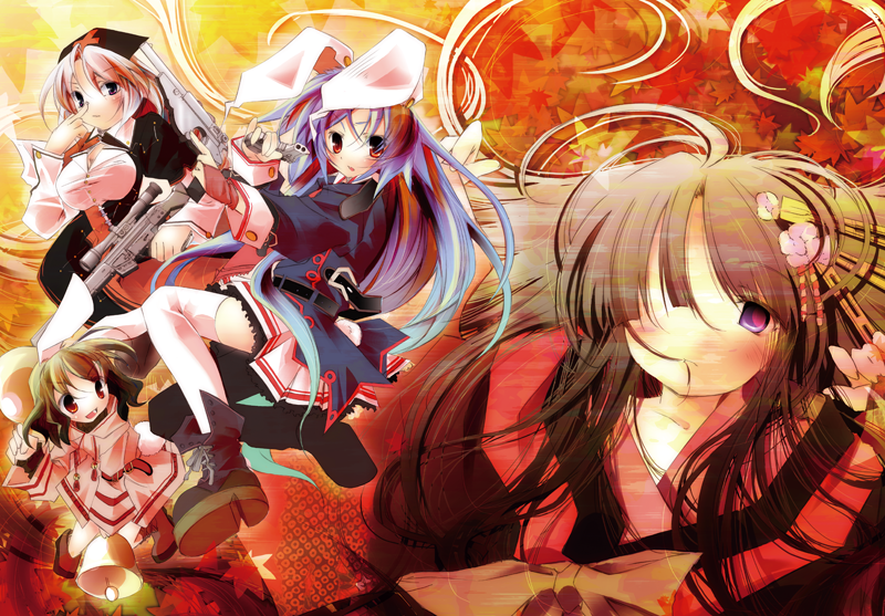 4girls, animal_ears, female, gun, handgun, houraisan_kaguya, inaba_tewi, kamiya_yuu
