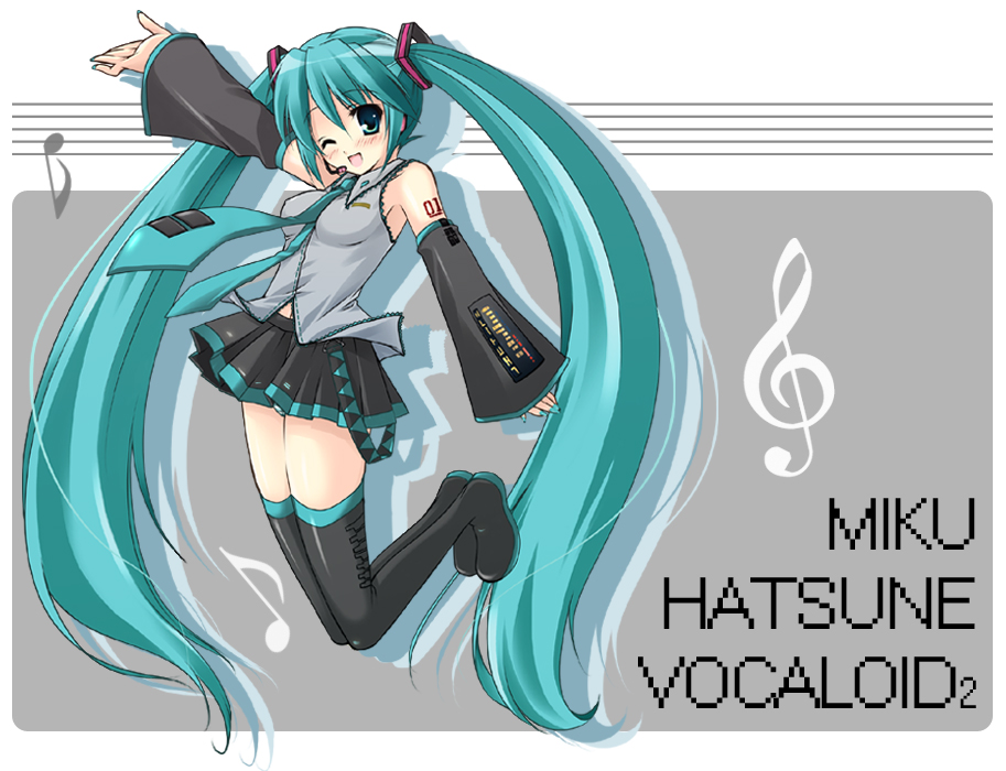 1girl, aqua_hair, hatsune_miku, hayashi_sakura, solo, thigh-highs, twintails, vocaloid
